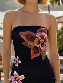 CAJUNI Women's Summer Beach Vacation Floral Print Fitted Tube Dress,Summer Dresses For Women - Black - View 4