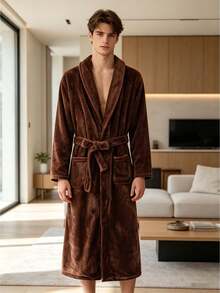 Áo choàng tắm nữ dài cổ ve áo, lót lông cừu, chất liệu flannel, kiểu dáng thoải mái, mềm mại, sang trọng, thanh lịch và quyến rũ, thích hợp cho đầu mùa xuân. - Màu Khaki - Xem 9