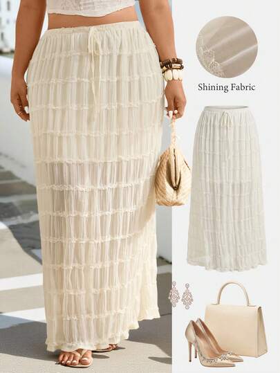 Femmeverse Chân váy xếp ly kiểu Pháp tối giản có dây rút dành cho nữ cỡ lớn