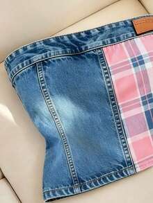 Resyla Nueva parte superior corta de tubo para mujer con efecto de mezclilla, estampado a cuadros y patchwork - Multicolor - Ver 3