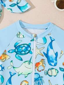 SHEIN GraphicGems Conjunto de traje de baño de manga larga para bebé niño con gorro de natación, traje de baño de una pieza para nadar, playa, piscina, juegos en el agua - Multicolor - Ver 5