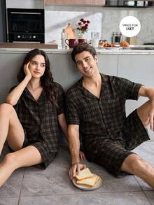 CoupledUp Classic Plaid Print Men's Casual Short Sleeve Shorts Collared Pajama Set - Green - View 3