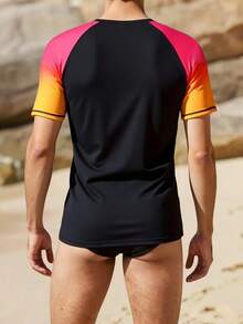 Manfinity Swimmode Men's Beach Vacation Casual Printed Short Sleeve Rash Guard - Black - View 2