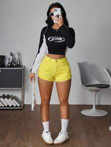 SHEIN PETITE 女款休閒時尚街頭風日常通勤純色水洗做舊牛仔短褲，夏季，小個女款 - 黃色 - 查看 6