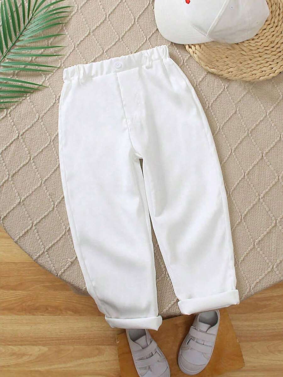 SHEIN Playful Pals Baby White Pants Boys Girls Trousers Front Center Decorative Buttons Design Autumn Tight Rain Nursery Soft Form Smart