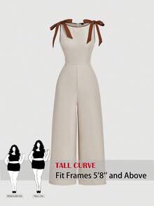 SHEIN Tall CURVE Plus Size Sleeveless Round Neck Jumpsuit, Elegant, Beige, Summer, Tea Party Vacation, Contrast Trim, Bow Decor, Cinched Waist Flared Hem Design, Retro - Khaki - View 1