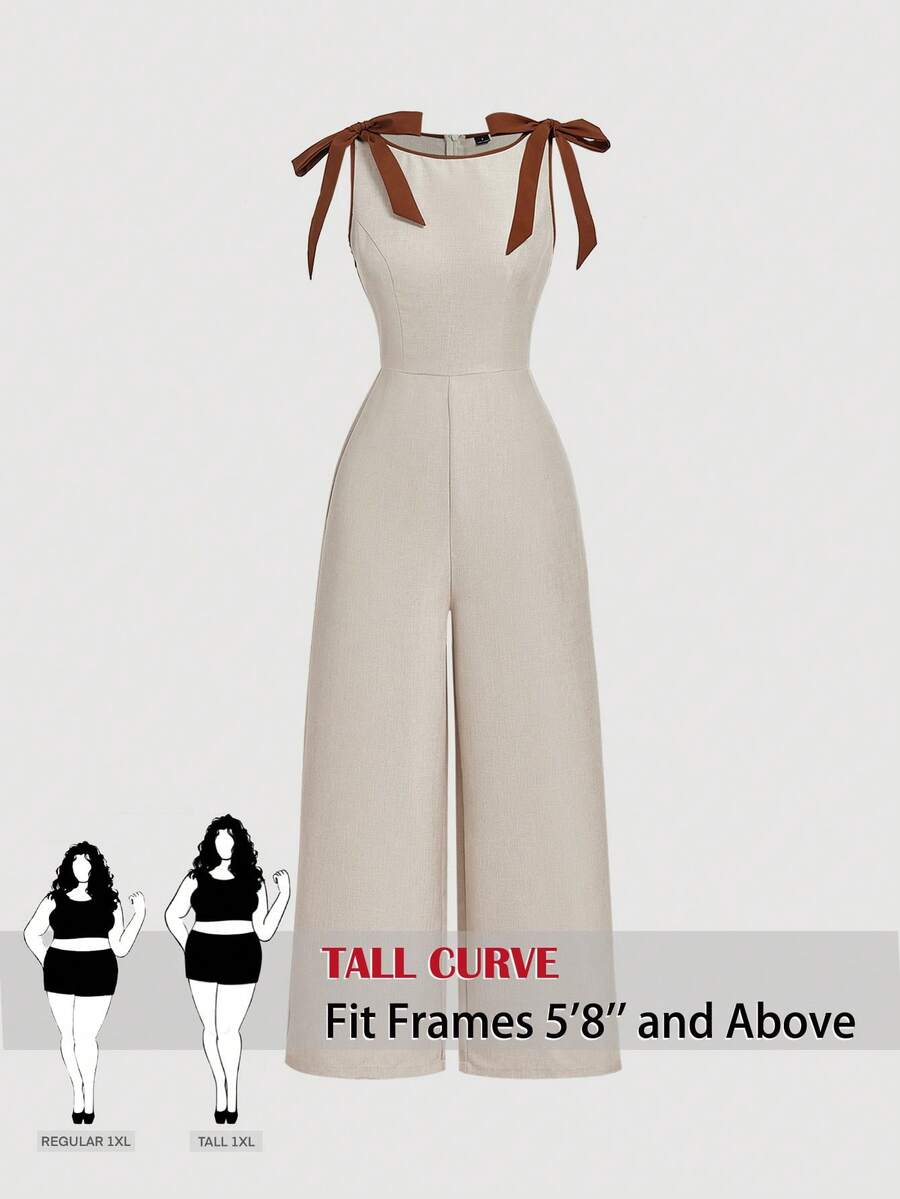 SHEIN Tall CURVE Plus Size Sleeveless Round Neck Jumpsuit, Elegant, Beige, Summer, Tea Party Vacation, Contrast Trim, Bow Decor, Cinched Waist Flared Hem Design, Retro - Khaki - View 1