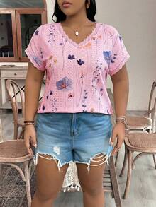 SHEIN VCAY Plus Size V-Neck Short Sleeve Lace Patchwork Floral All-Over Print Loose Hollow Out T-Shirt - Pink - View 5