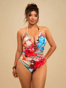 Travachic Plus Size Casual Summer Tropical Beach Colorful Floral Retro Print V-Neck Sexy One-Piece Swimsuit - Multicolor - View 4