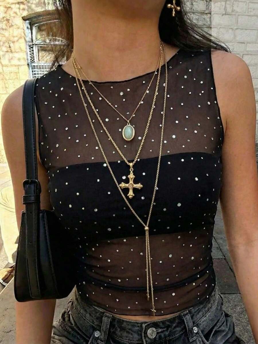 SHEIN EZwear Women's Fashionable Mesh Sheer Polka Dot Sleeveless Top, Summer,Summer Top - Black - View 1