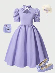 SHEIN Đầm vải dệt màu xanh dương dành cho bé gái tuổi teen, tay áo đính hạt ngọc trai giả và nơ rỗng trang trí, thích hợp cho các dịp trang trọng và sự kiện. - Màu tím - Xem 3