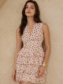 BELROSIE Red And White Summer Cottage Core Romantic Date Night Vacation Polka Dot Floral Print Chiffon Deep V-Neck Sleeveless High Waist Ruffle Hem Cake Dress - Multicolor - View 1
