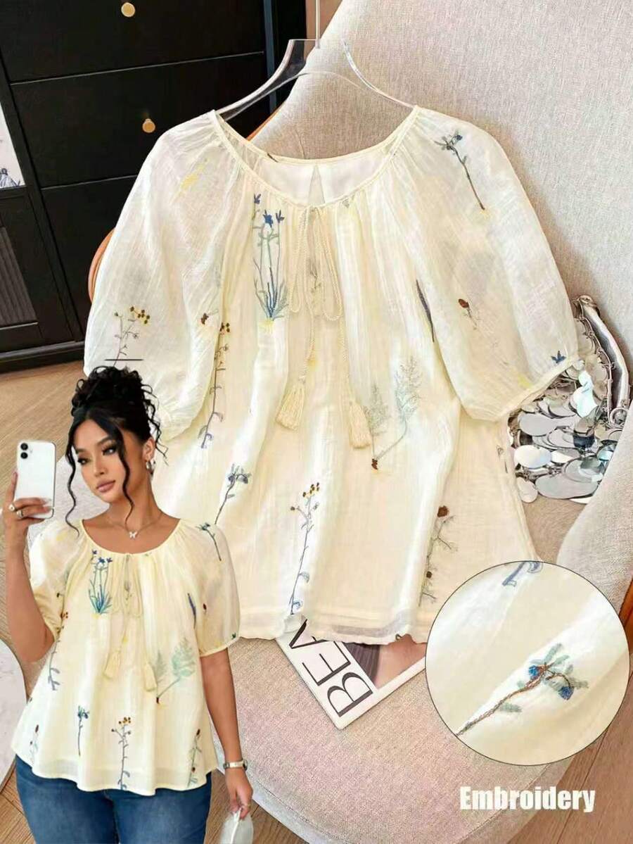 Plus Size Summer Casual Floral Embroidery Short Sleeve Shirt - White - View 1