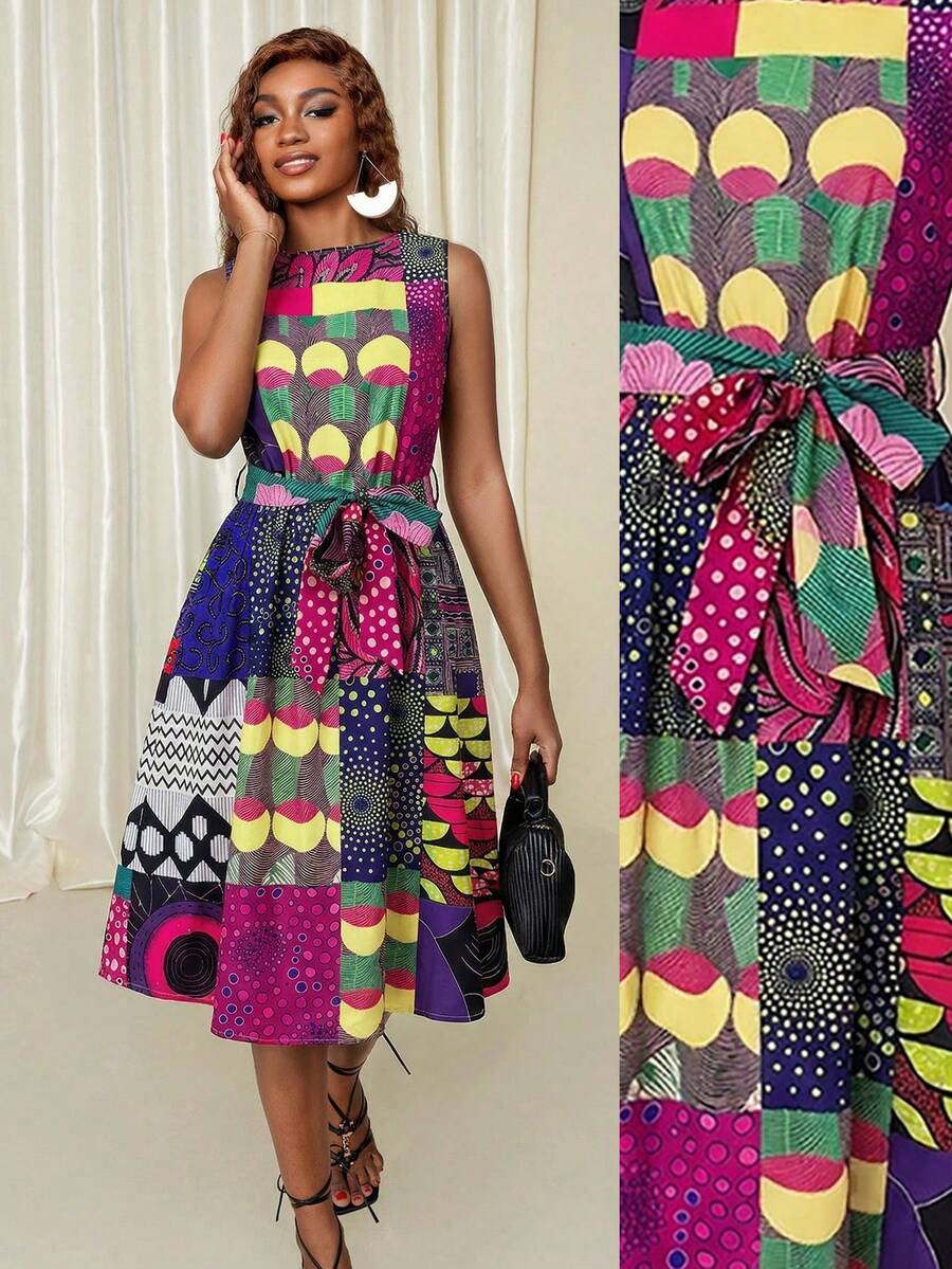 Eryvara Vestido casual de mujer con cuello redondo y sin mangas, estampado africano mixto y aleatorio - Multicolor - Ver 1
