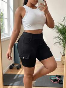 SHEIN CURVE+ 女士大口袋紧身裤，触感凉爽，高弹面料，中长款修身裤 - 黑色 - 查看 5