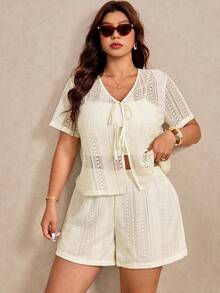 Elaquor Plus Size Casual Short Sleeve Top And Shorts 2 Pieces Set - Apricot - View 1