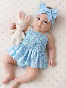 SHEIN Vintaside Kids 女婴夏季吊带连体衣，荷叶边下摆，俏皮设计，适合日常穿着 - 淺藍色 - 查看 7