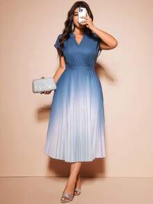 Cravure Plus Size Women's V-Neck Short Sleeve Ruched Flared Ombre Casual Elegant Dress Wedding Dusty Blue Summer - Blue - View 8