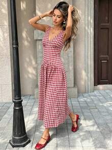SHEIN PariChic 红色格子吊带连衣裙，优雅夏季度假装，时尚派对服饰 - 紅白色 - 查看 4