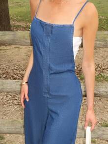 Sydney Algeri Women's Casual Washed Wide Leg Denim Jumpsuit - Dark Wash - View 3