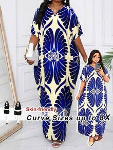 SHEIN CURVE+ Đầm tay cánh dơi in họa tiết cây cỏ cỡ lớn thời trang mùa hè/Trang phục đi biển/Trang phục dạo phố/Đồ đi biển - Nhiều màu - Xem 2