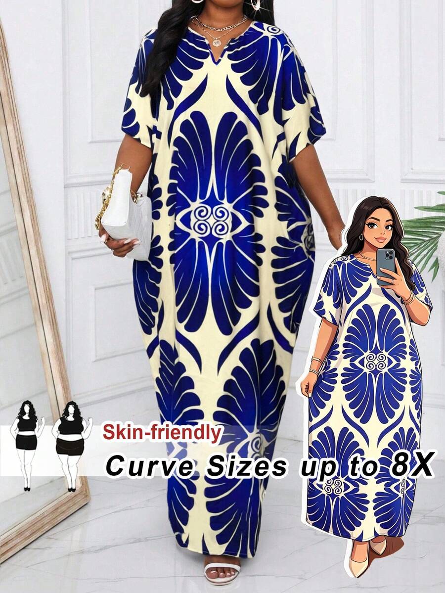 SHEIN CURVE+ Đầm tay cánh dơi in họa tiết cây cỏ cỡ lớn thời trang mùa hè/Trang phục đi biển/Trang phục dạo phố/Đồ đi biển