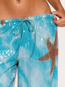 MUSERA Quần ống rộng, chun co giãn, in hình sao biển đính sequin, thích hợp mặc đi biển, bơi lội, gợi cảm, dễ thương, đi chơi, nghỉ lễ, mùa hè, màu xanh đậm. - Màu xanh nhạt - Xem 5