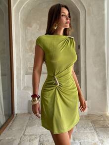 Aloruh Metal Decor Ruched Umbrella Sleeve Mini Dress Banquet Shades Of Green Summmer Elegent,Summer Dresses For Women - Green - View 7