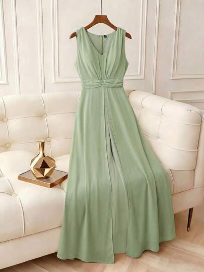 Franclia Plus Size Women's Spring/Summer French Romantic Sicily Elegant Casual Commute Vacation Afternoon Tea Party Solid Color V-Neck Waist Pleated Chiffon Flowy Hem Sleeveless Jumpsuit Zelay Elegant Dress Zanea Dress For Woman Prom Dresses For Women Elegant Dresses For Women