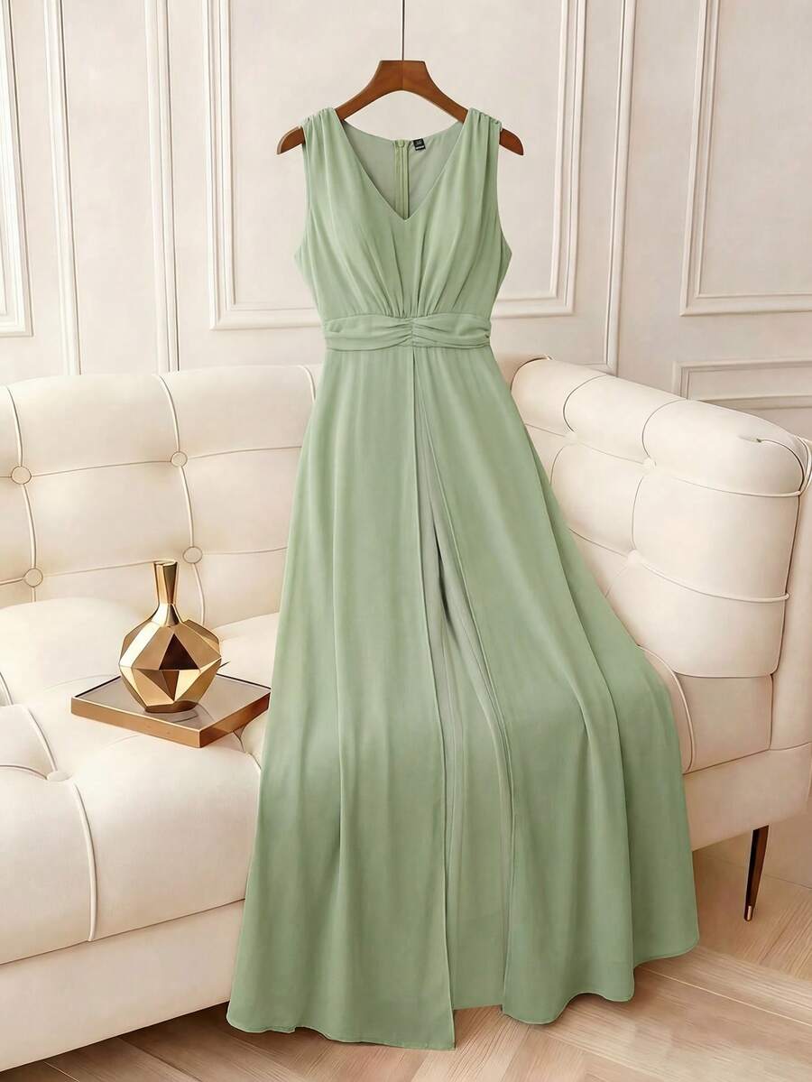 Franclia Plus Size Women's Sage Green Summer Elegant Wedding Guest Jumpsuit,V-Neck Sleeveless Ruched Chiffon Waist Flowy Hem French Sicily Vacation - Green - View 1