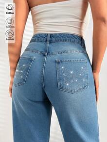 EURMUSE Low Waist Butterfly Rhinestone Detailed Loose Woman Denim Jean Everyday Blue Summer Casual Streetwear Y2k Back-To-School Holiday - Light Wash - View 1