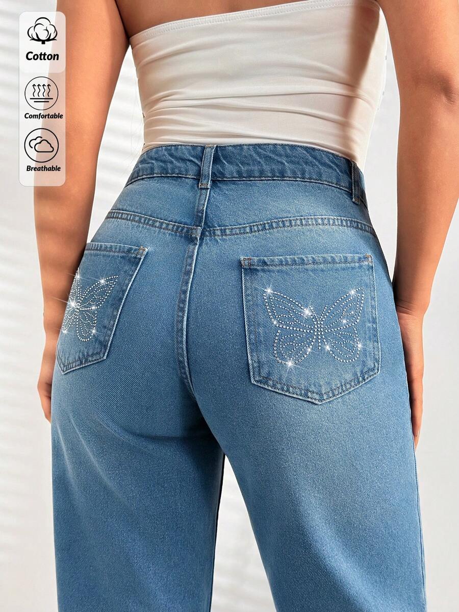 EURMUSE Low Waist Butterfly Rhinestone Detailed Loose Woman Denim Jean Everyday Blue Summer Casual Streetwear Y2k Back-To-School Holiday - Light Wash - View 1