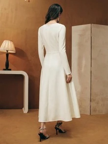 Anewsta 女士新款黑色水钻绷带罗纹优雅长袖A字连衣裙，适合宴会派对、春夏穿着 - 白色 - 查看 4