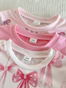 Conjunto de 6 piezas de pijama para niñas, top de manga larga con estampado de moño minimalista y moño 3D, y pantalones, conjunto de ropa de dormir - Multicolor - Ver 3