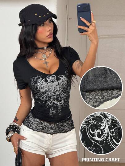 Coolane Camiseta negra ajustada, cómoda y elástica con rayas, de estilo vintage chic y punk, para mujer, ideal para festivales de música y uso casual en primavera