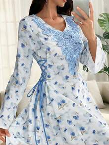 Al Najma Đầm tay loe cổ chữ V họa tiết hoa phối màu tie-dye, kiểu Ả Rập, mùa xuân/hè. - Màu xanh lam - Xem 2