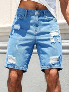 Manfinity Homme Pantalones cortos vaqueros azules rectos y rotos de estilo casual para hombre, moda callejera para primavera/verano - Azul lavado medio - Ver 3