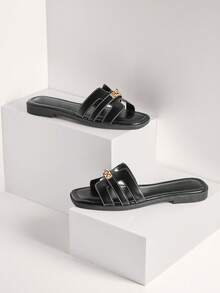 SHUZIA Women Minimalist Comfortable Metal Decor Slip-On Flat Sandals - Black - View 7