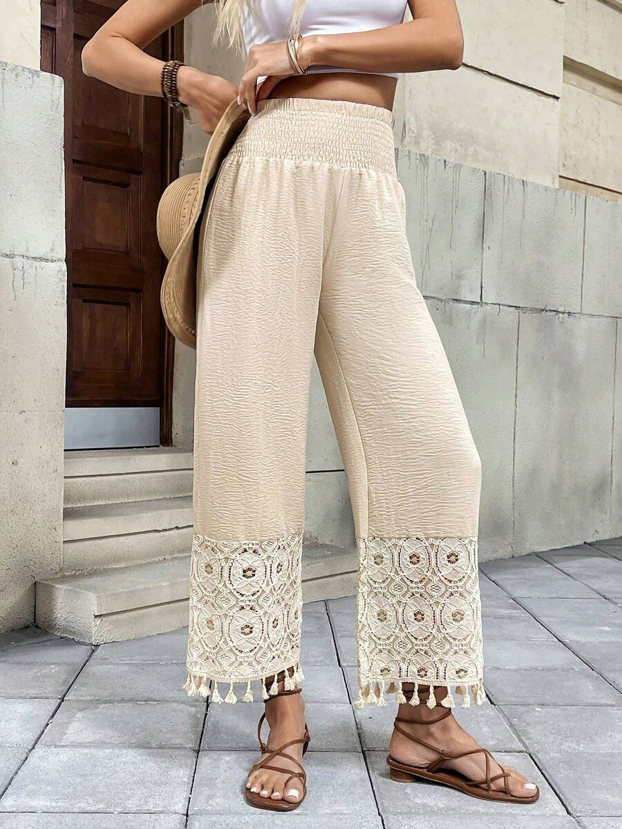 Breezaya Casual Hollow-Out Apricot Color Palazzo Pants For Winter, Boho Pants For Women - Apricot - View 1
