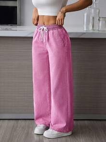 SHEIN PETITE Quần jeans ống rộng dáng casual dành cho nữ, đã qua xử lý giặt. - Màu Hồng baby - Xem 3