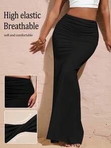 Opulessa Fall And Winter Women's Elegant  Solid Color Pleated Mermaid Hem Skirt For Vacation, - Black - View 7