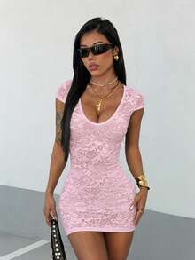 StreetHx Vestido mini ajustado de mujer con cuello en V de encaje - Rosa - Ver 4