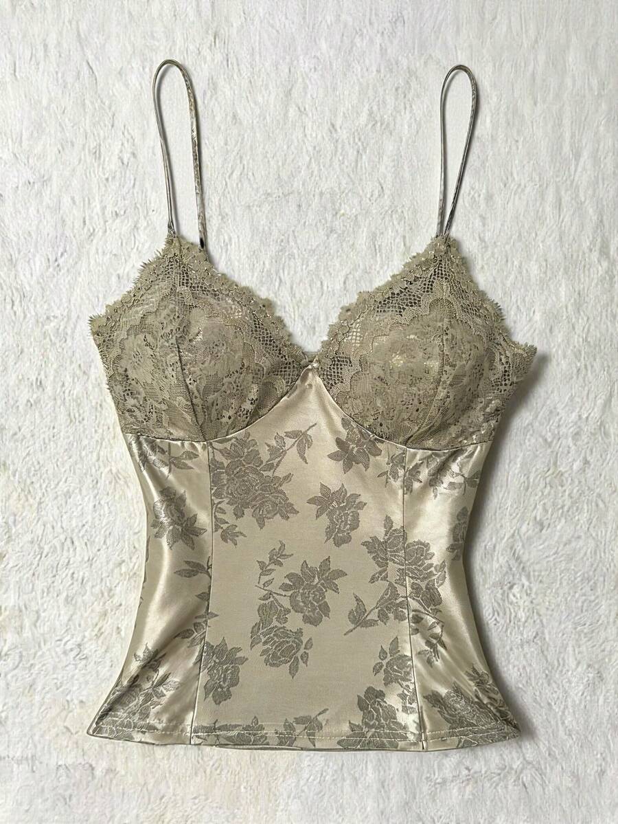 Franclia Women's Elegant Contrast Lace Floral Print Camisole - Khaki - View 1