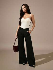 SHEIN PETITE 黑色性感复古蕾丝连裤袜，女士派对外出必备 - 杏色 - 查看 4