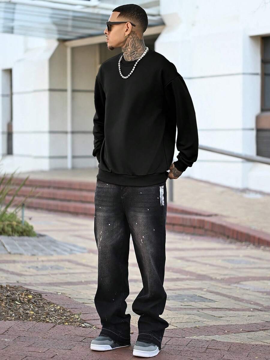 Devon Thys 男士纯色落肩卫衣，适合秋季穿着，长袖上衣 - 黑色 - 查看 1