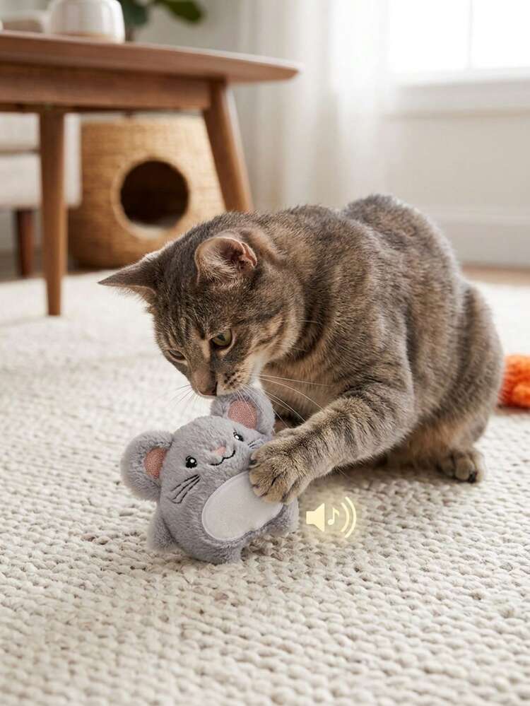 PETSIN Juguete de gato de peluche en forma de ratón de dibujos animados lindo con papel arrugado incorporado, juguete resistente y resistente a las mordeduras - Multicolor - Añade 2
