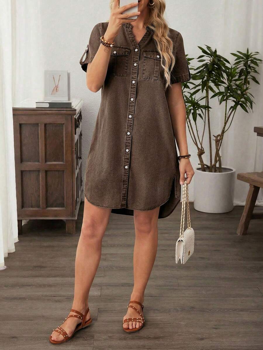 EMERY ROSE Plus Size Summer Casual Front Button Denim Dress - Coffee Brown - View 1