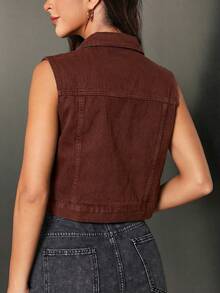 SHEIN Essnce Áo vest denim nữ cài một hàng khuy kiểu dáng thường ngày - Cà phê nâu - Xem 2