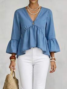 EMERY ROSE Blusa vaquera con mangas acampanadas y volantes para mujer - Azul - Ver 9