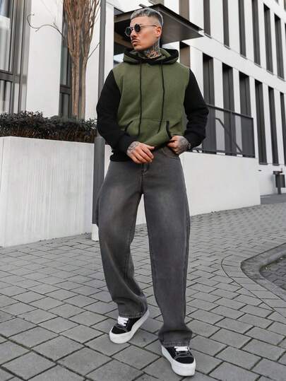 Artur Kramer 男士撞色仿皮连帽衫，秋冬季长袖上衣